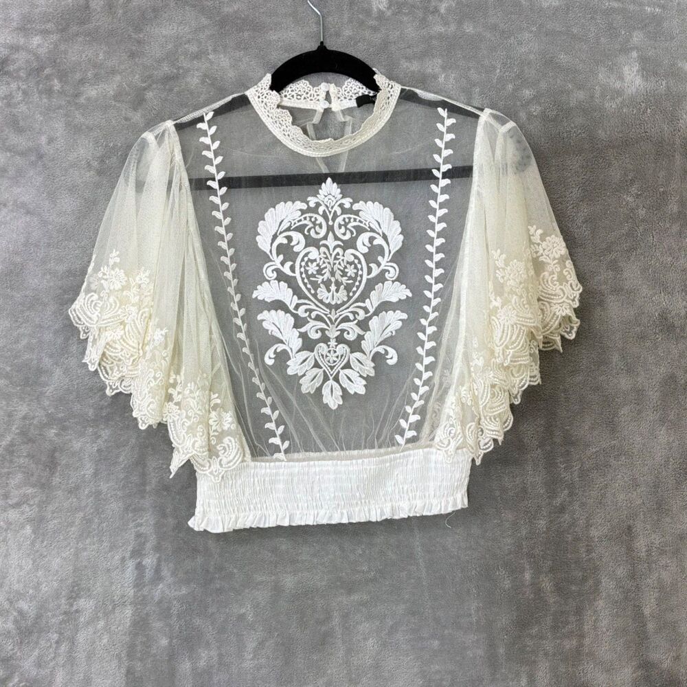 Forever 21 Women’s  S Floral Embroidered Lace Blouse Sheer Top Dainty Victorian